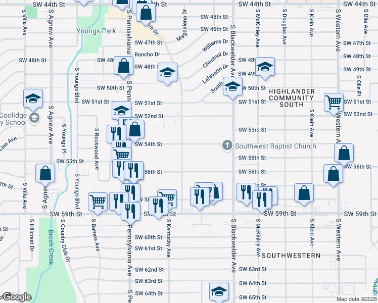 map of restaurants, bars, coffee shops, grocery stores, and more near 5513 South Kentucky Avenue in Oklahoma City