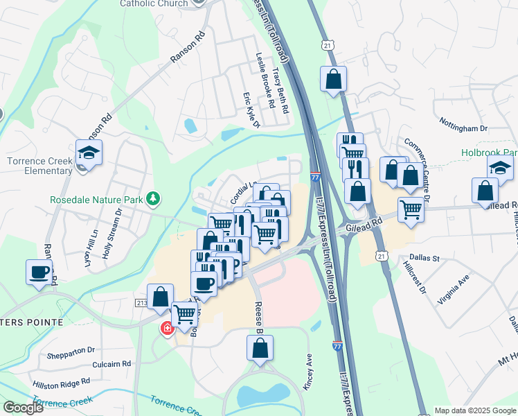 map of restaurants, bars, coffee shops, grocery stores, and more near 10031 Ansonborough Square in Huntersville