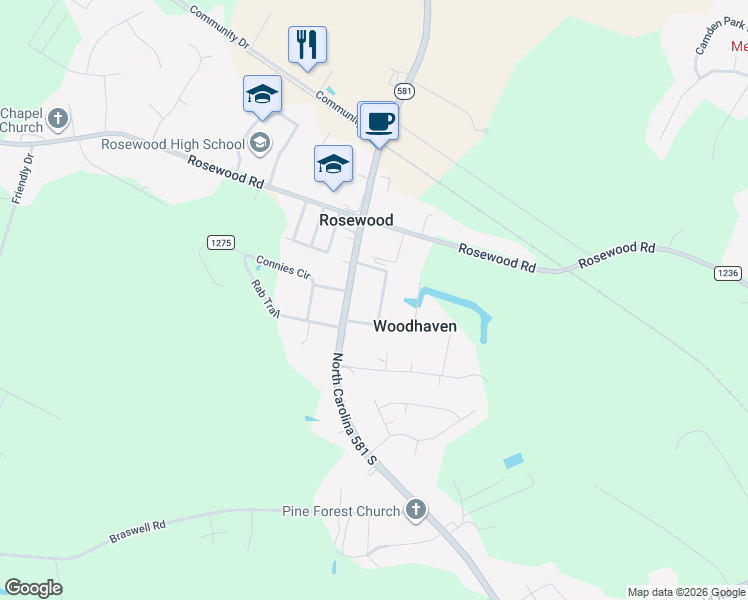map of restaurants, bars, coffee shops, grocery stores, and more near 205 Meredith Drive in Goldsboro