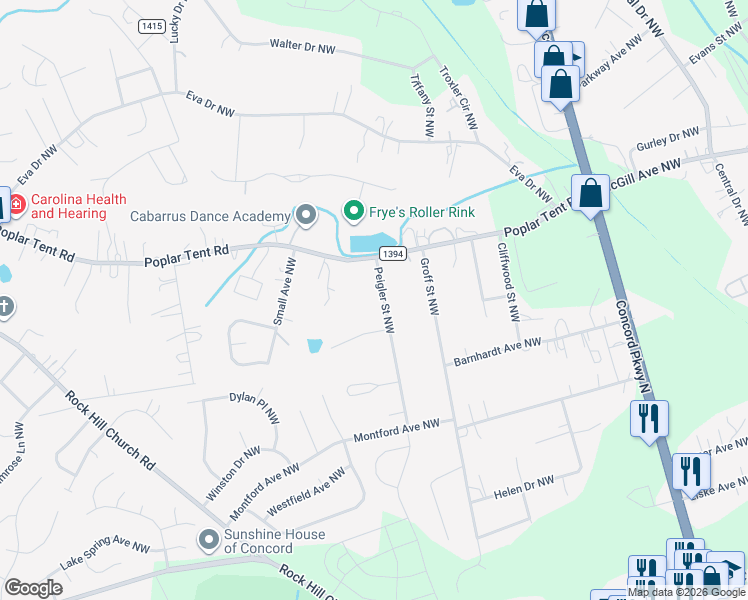 map of restaurants, bars, coffee shops, grocery stores, and more near 348 Peigler Street Northwest in Concord