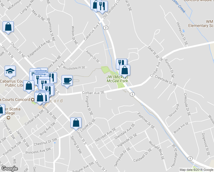map of restaurants, bars, coffee shops, grocery stores, and more near 196 Rosehaven Court Southeast in Concord