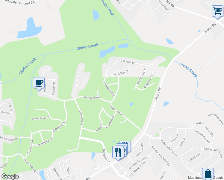 map of restaurants, bars, coffee shops, grocery stores, and more near 423 Vintage Hill Lane in Huntersville