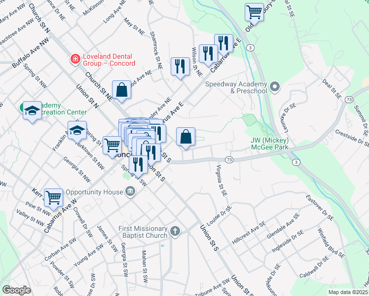 map of restaurants, bars, coffee shops, grocery stores, and more near 77 McCachern Boulevard Southeast in Concord