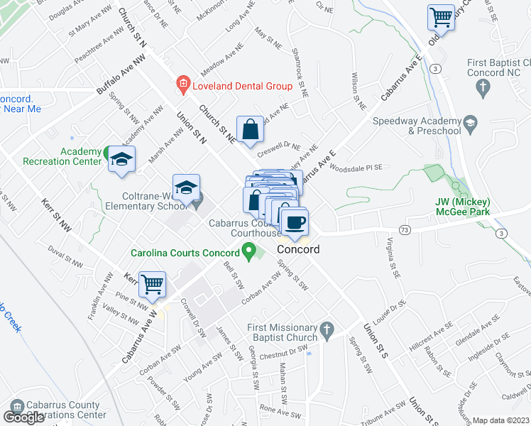 map of restaurants, bars, coffee shops, grocery stores, and more near 01 Cabarrus Avenue East in Concord