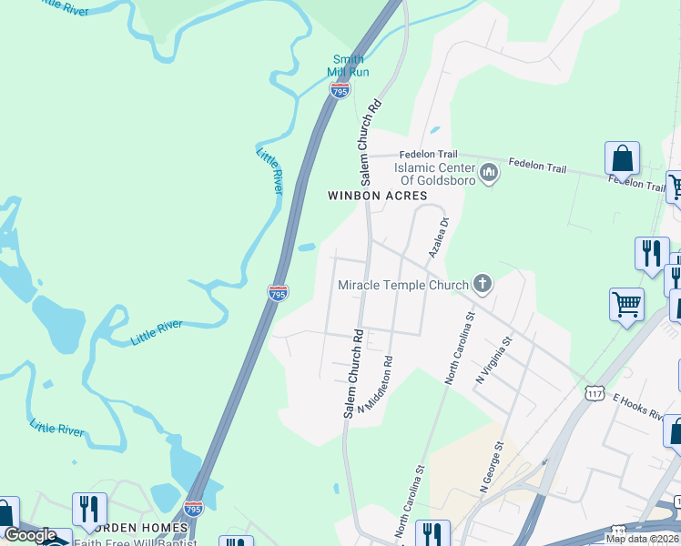 map of restaurants, bars, coffee shops, grocery stores, and more near 1816 North Friendly Road in Goldsboro