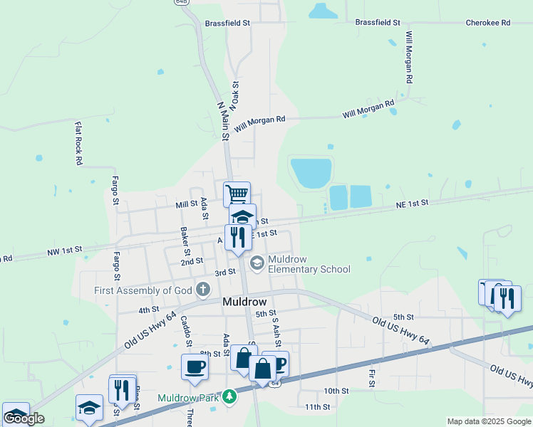 map of restaurants, bars, coffee shops, grocery stores, and more near 103 North Ash Street in Muldrow
