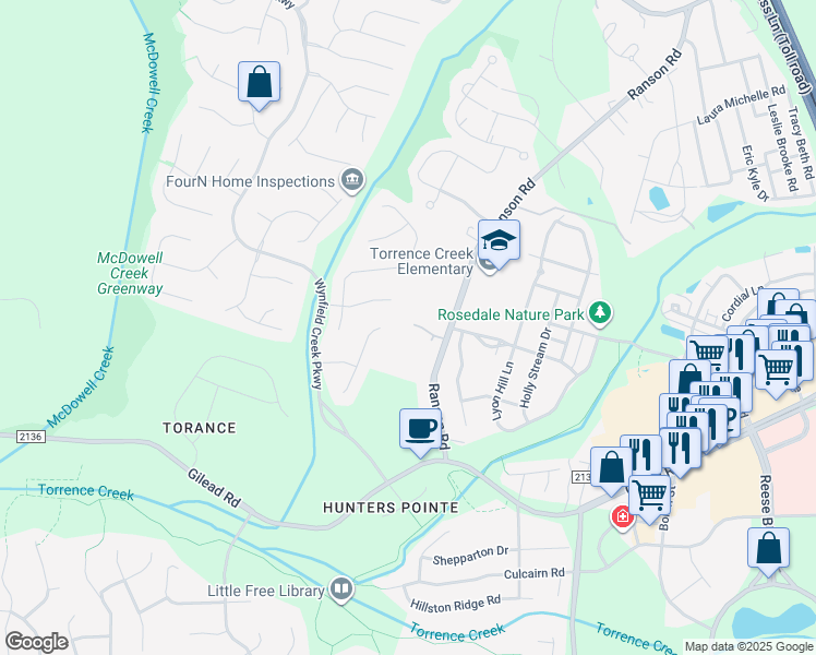 map of restaurants, bars, coffee shops, grocery stores, and more near 14435 Ranson Road in Huntersville