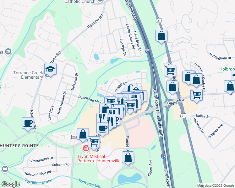 map of restaurants, bars, coffee shops, grocery stores, and more near 9779 Blossom Hill Drive in Huntersville