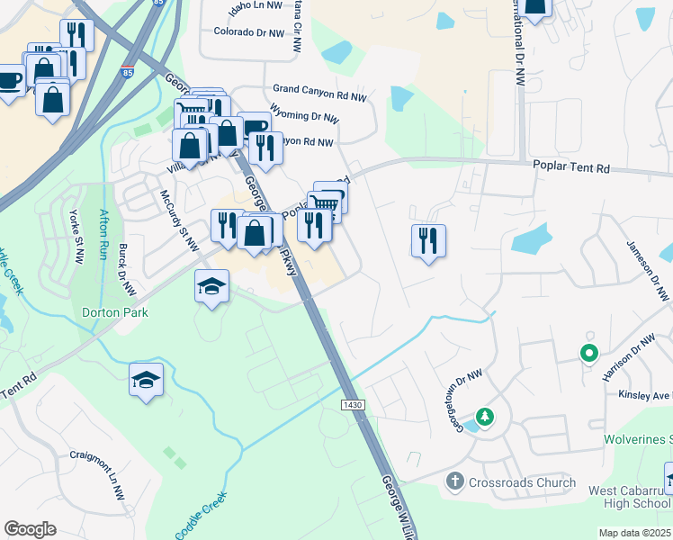map of restaurants, bars, coffee shops, grocery stores, and more near 327 Coddle Market Drive Northwest in Concord