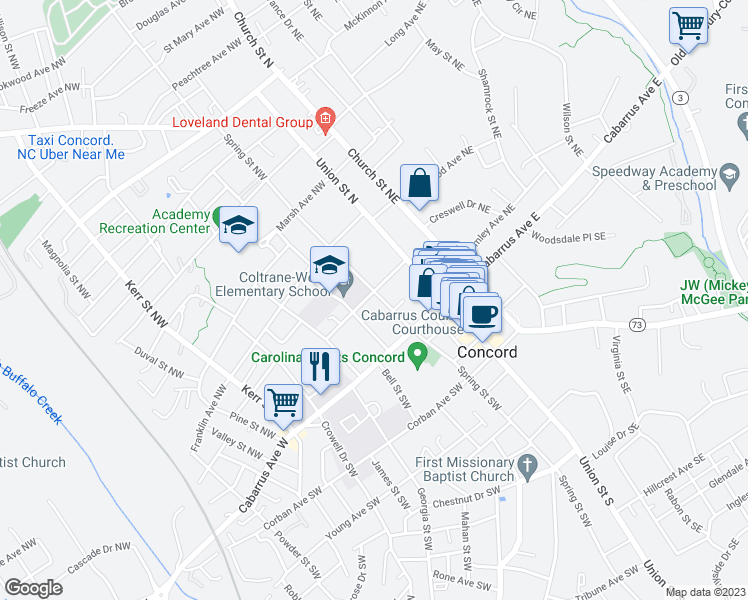 map of restaurants, bars, coffee shops, grocery stores, and more near 49 Spring Street Northwest in Concord