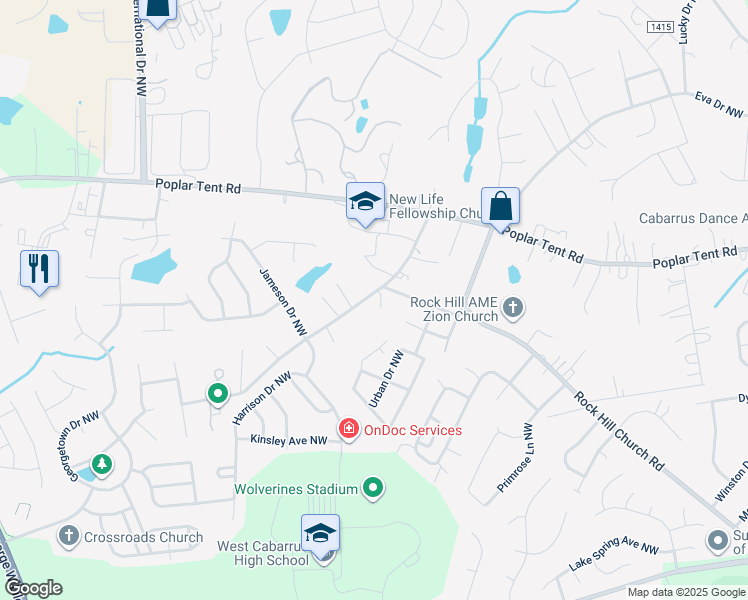 map of restaurants, bars, coffee shops, grocery stores, and more near 417 Old Speedway Drive Northwest in Concord