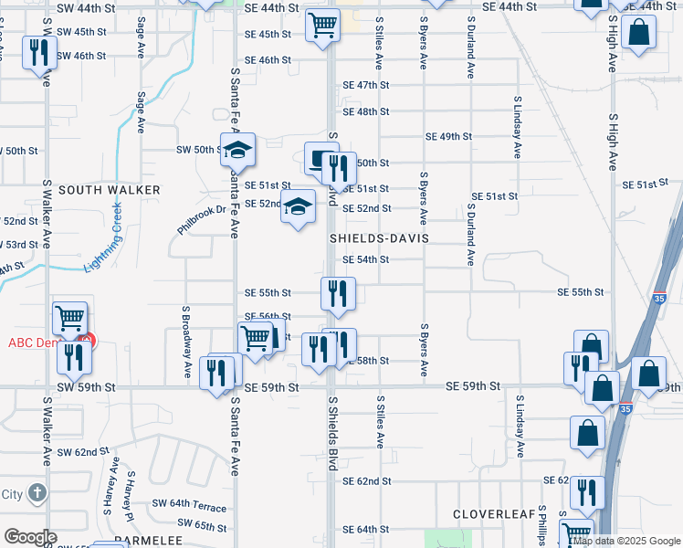map of restaurants, bars, coffee shops, grocery stores, and more near 5518 South Shields Boulevard in Oklahoma City
