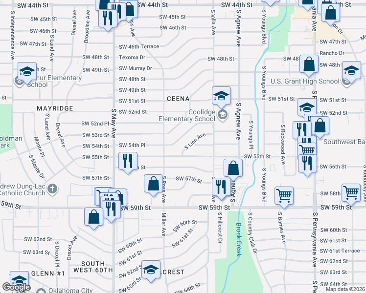 map of restaurants, bars, coffee shops, grocery stores, and more near 2630 Southwest 54th Place in Oklahoma City