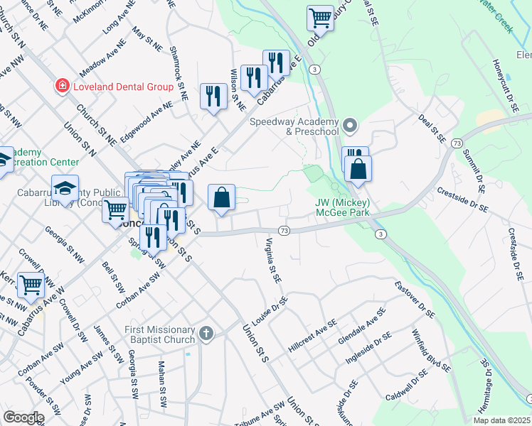 map of restaurants, bars, coffee shops, grocery stores, and more near 148 Wilkinson Court Southeast in Concord
