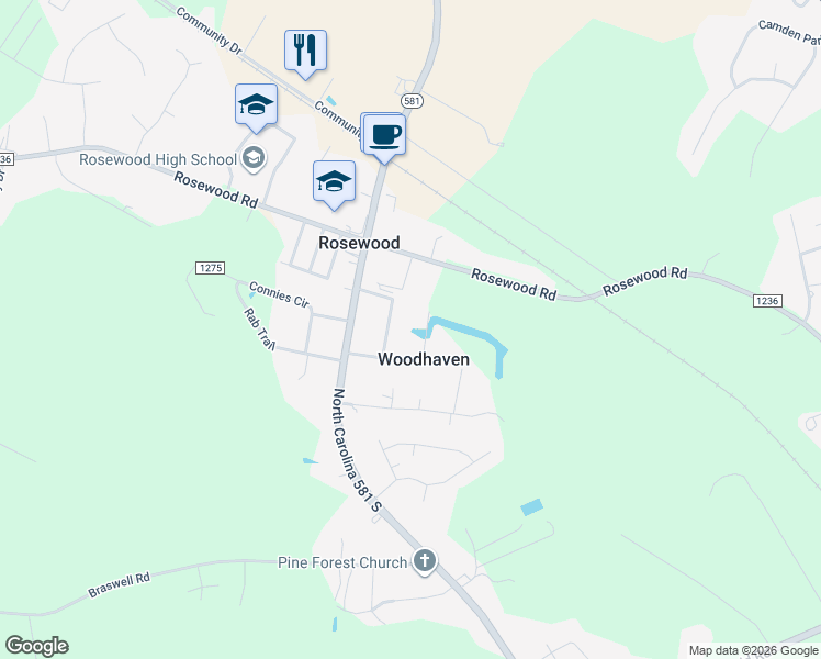 map of restaurants, bars, coffee shops, grocery stores, and more near 207 Woodhaven Drive in Goldsboro