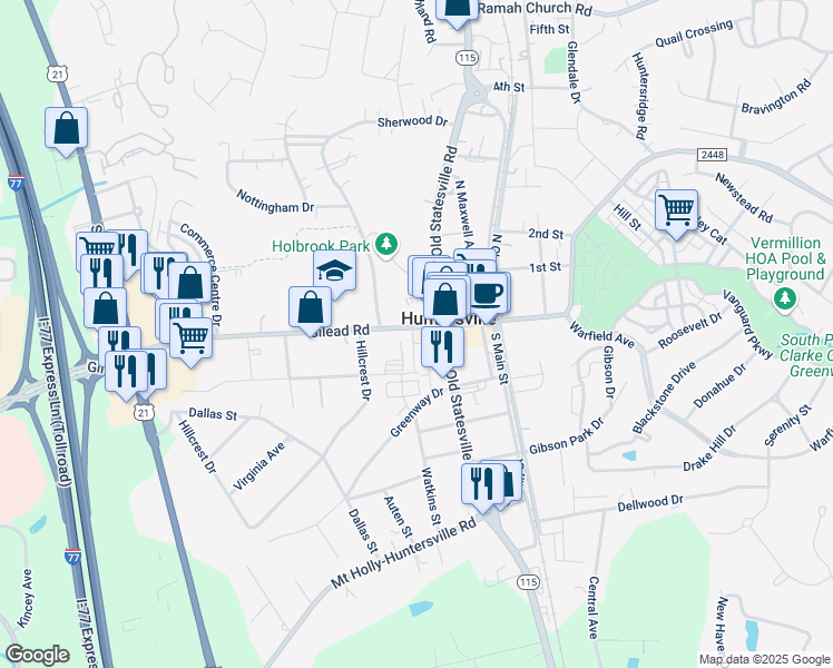 map of restaurants, bars, coffee shops, grocery stores, and more near 107 Gilead Road in Huntersville