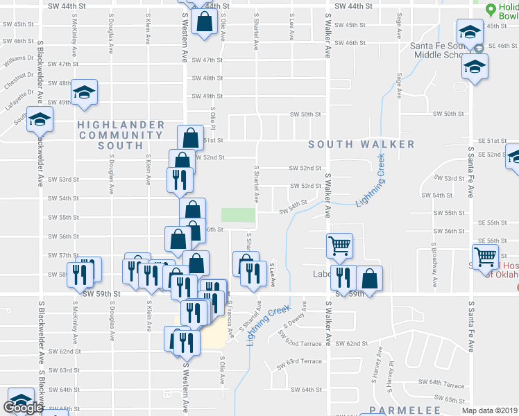 map of restaurants, bars, coffee shops, grocery stores, and more near 5424 South Shartel Avenue in Oklahoma City