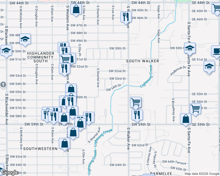 map of restaurants, bars, coffee shops, grocery stores, and more near 611 Southwest 54th Street in Oklahoma City