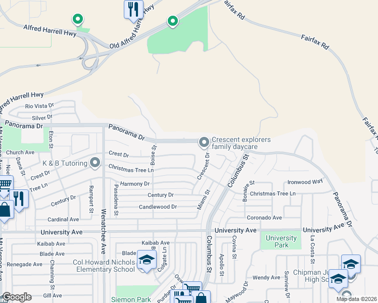 map of restaurants, bars, coffee shops, grocery stores, and more near 3708 Crest Drive in Bakersfield