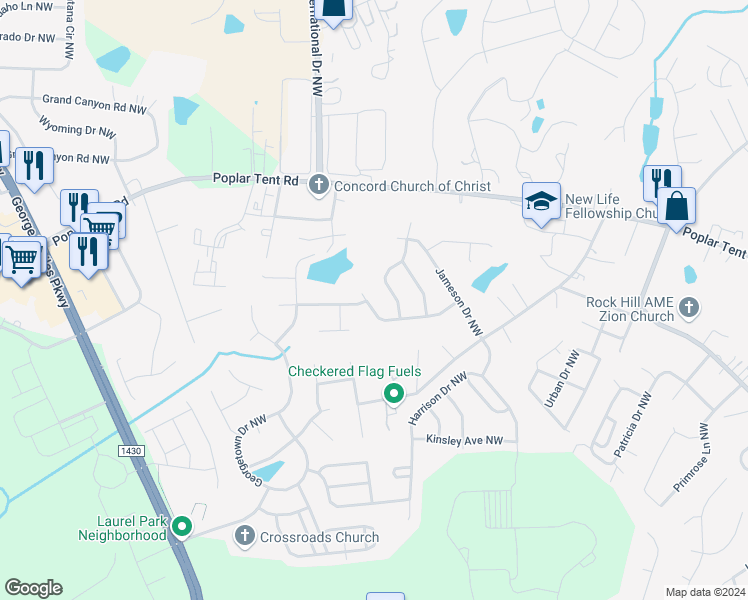map of restaurants, bars, coffee shops, grocery stores, and more near 606 Elizabeth Lee Lane in Concord