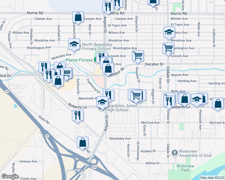map of restaurants, bars, coffee shops, grocery stores, and more near 501 Belmont Avenue in Bakersfield