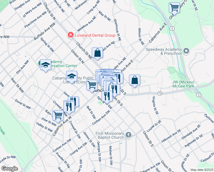 map of restaurants, bars, coffee shops, grocery stores, and more near 3 Union Street South in Concord