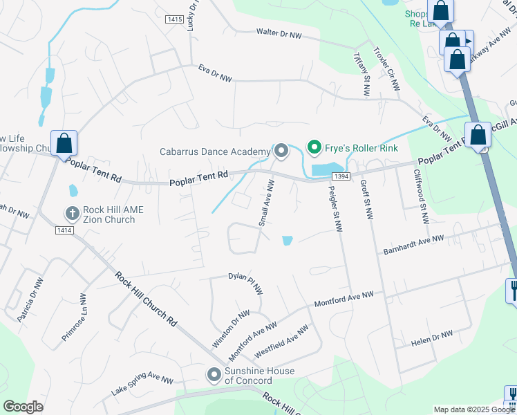 map of restaurants, bars, coffee shops, grocery stores, and more near 324 Small Avenue Northwest in Concord