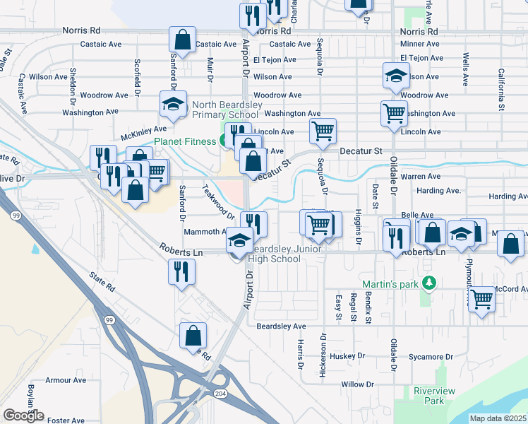 map of restaurants, bars, coffee shops, grocery stores, and more near 331 Airport Drive in Bakersfield