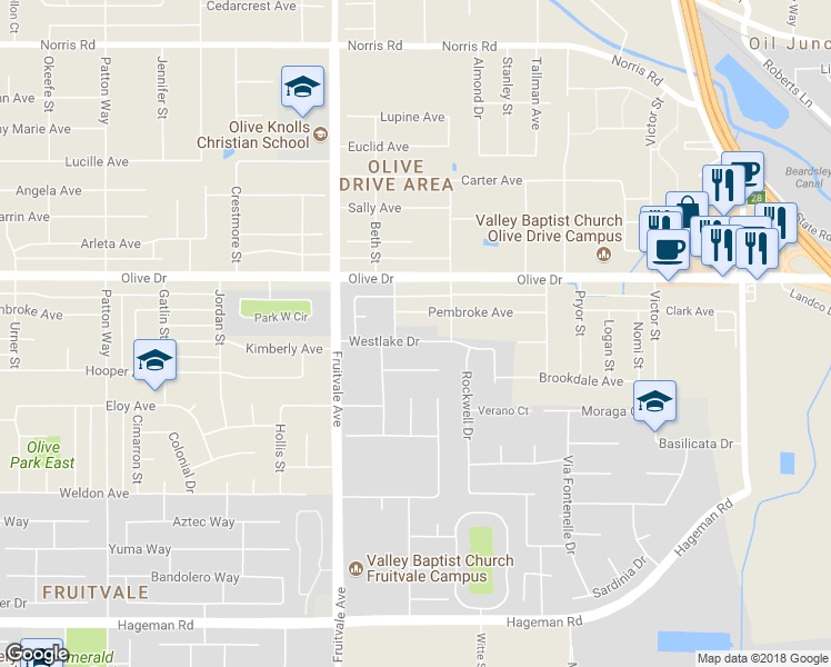 map of restaurants, bars, coffee shops, grocery stores, and more near 6208 Westlake Drive in Bakersfield