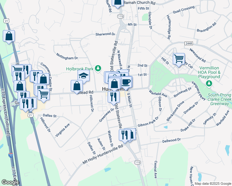 map of restaurants, bars, coffee shops, grocery stores, and more near 103 South Old Statesville Road in Huntersville