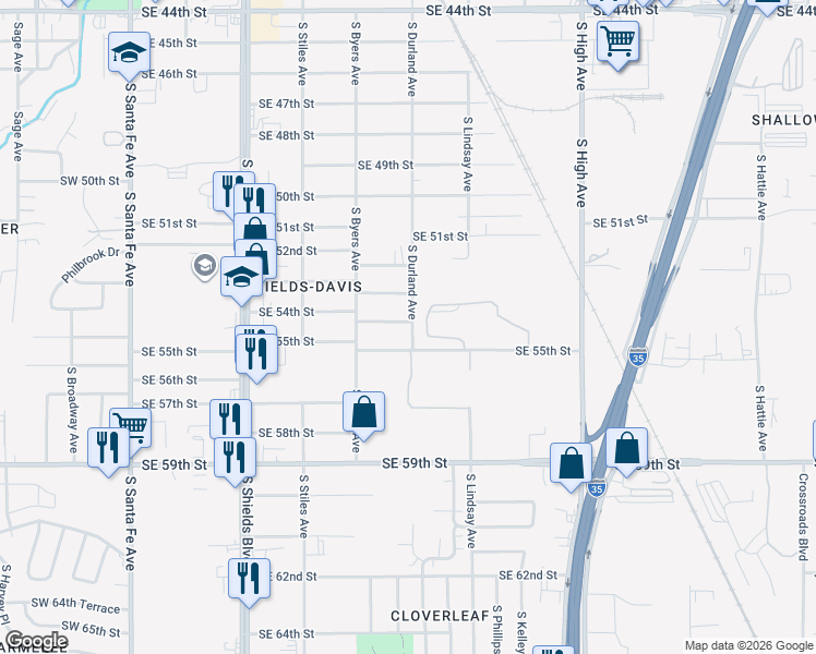 map of restaurants, bars, coffee shops, grocery stores, and more near 444 Southeast 54th Street in Oklahoma City