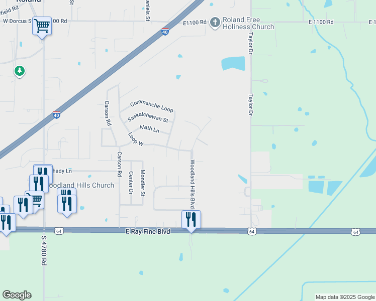 map of restaurants, bars, coffee shops, grocery stores, and more near 101 Loop West in Roland