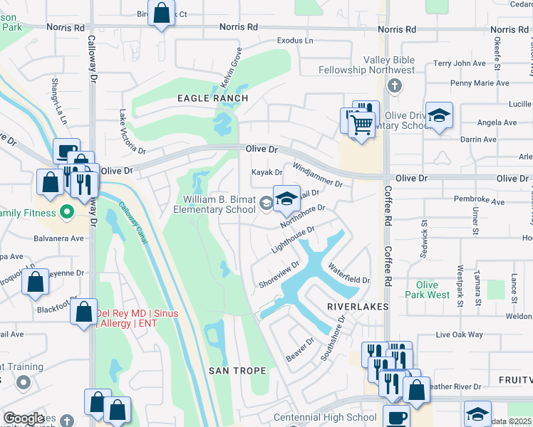 map of restaurants, bars, coffee shops, grocery stores, and more near 8600 Northshore Drive in Bakersfield