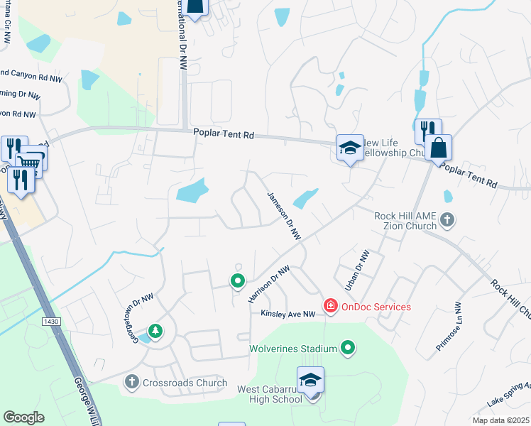 map of restaurants, bars, coffee shops, grocery stores, and more near 2678 Wingrave Street Northwest in Concord