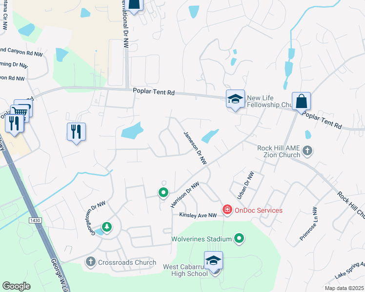 map of restaurants, bars, coffee shops, grocery stores, and more near 2678 Wingrave Street Northwest in Concord