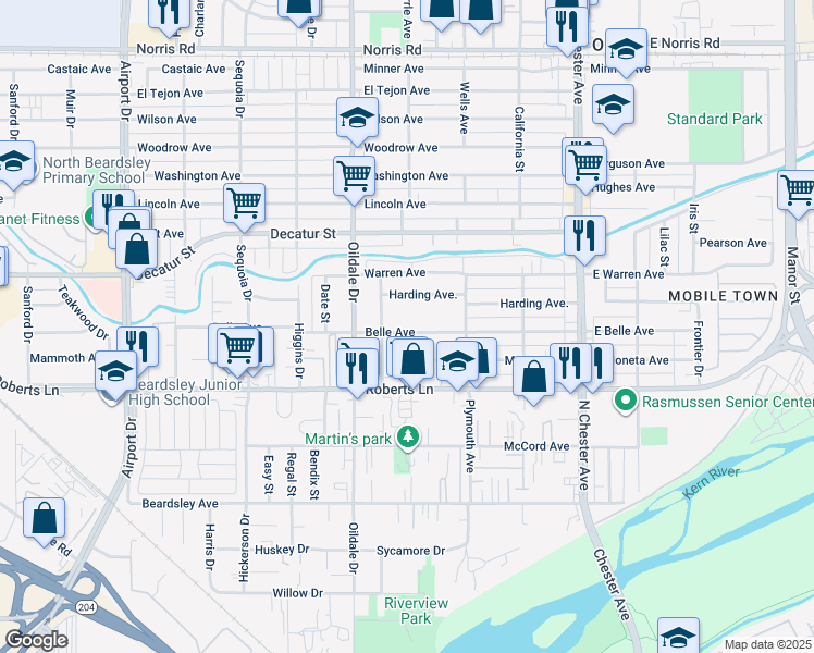 map of restaurants, bars, coffee shops, grocery stores, and more near 324 Belle Avenue in Bakersfield