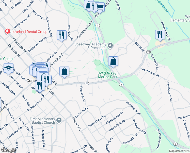 map of restaurants, bars, coffee shops, grocery stores, and more near 181 Rosehaven Court Southeast in Concord