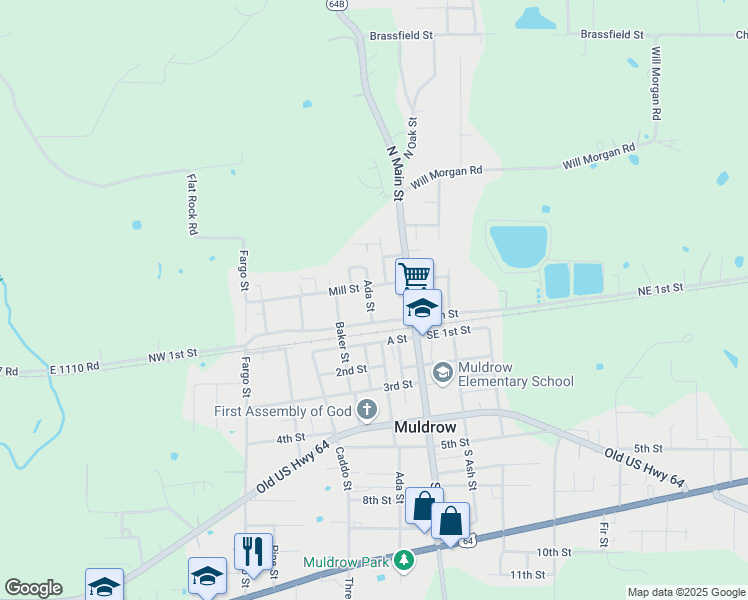 map of restaurants, bars, coffee shops, grocery stores, and more near 105 Ada Street in Muldrow