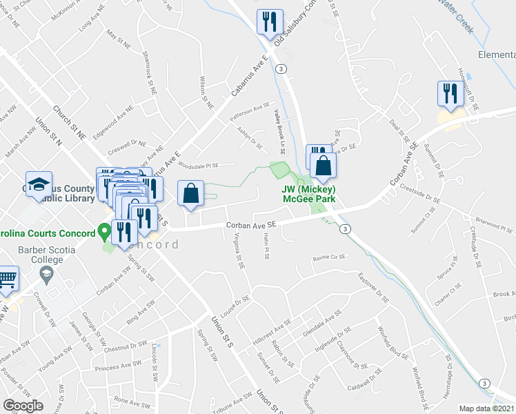 map of restaurants, bars, coffee shops, grocery stores, and more near 180 Wilkinson Court Southeast in Concord