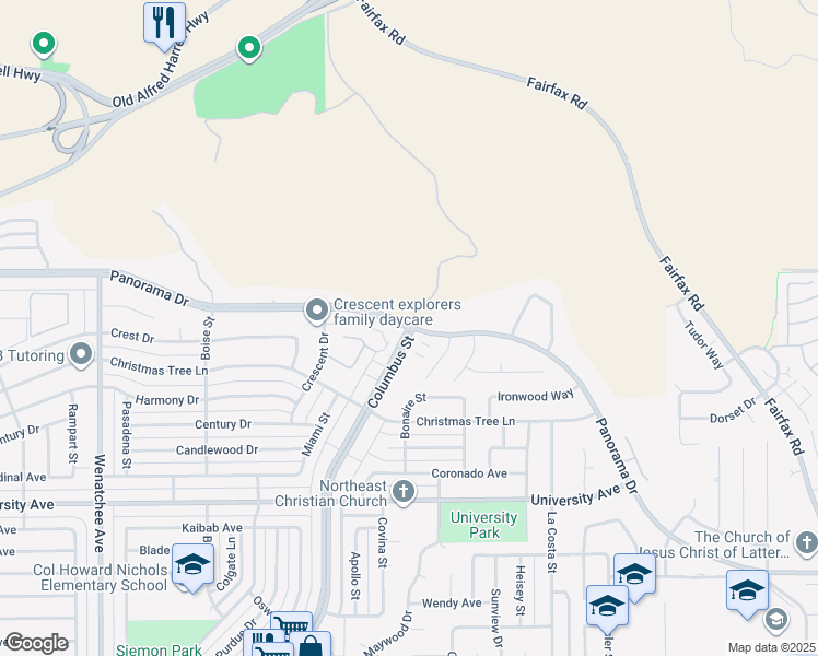 map of restaurants, bars, coffee shops, grocery stores, and more near Panorama Drive & Columbus Street in Bakersfield