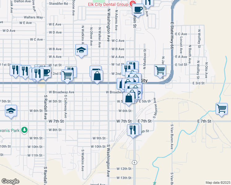 map of restaurants, bars, coffee shops, grocery stores, and more near in Elk City