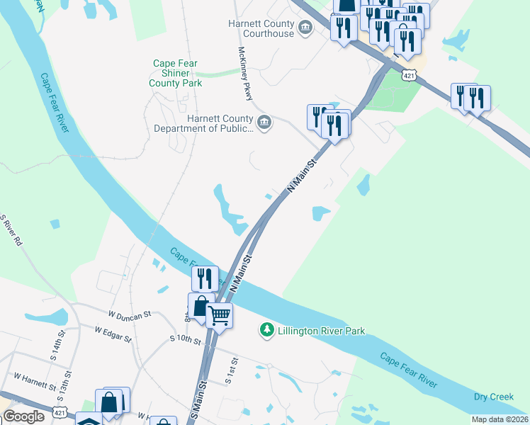 map of restaurants, bars, coffee shops, grocery stores, and more near 101 North Main Street in Lillington
