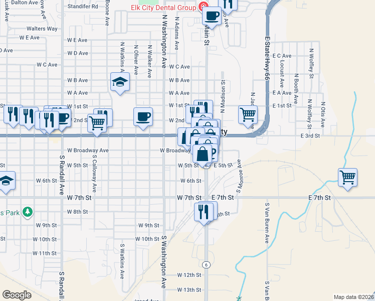 map of restaurants, bars, coffee shops, grocery stores, and more near 222 West Broadway Avenue in Elk City