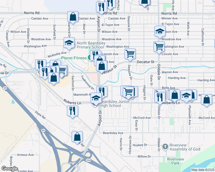 map of restaurants, bars, coffee shops, grocery stores, and more near 501 Belmont Avenue in Bakersfield