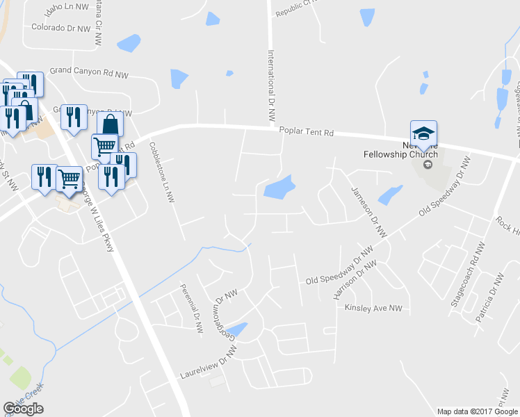map of restaurants, bars, coffee shops, grocery stores, and more near 678 Summerford Court Northwest in Concord