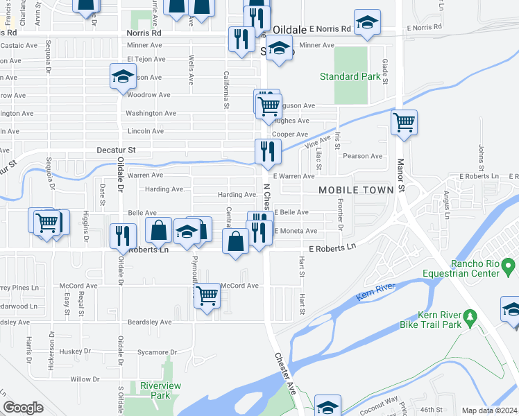 map of restaurants, bars, coffee shops, grocery stores, and more near 501 1/2 North Chester Avenue in Bakersfield