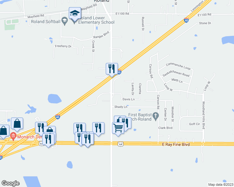 map of restaurants, bars, coffee shops, grocery stores, and more near 108 Davis Lane in Roland