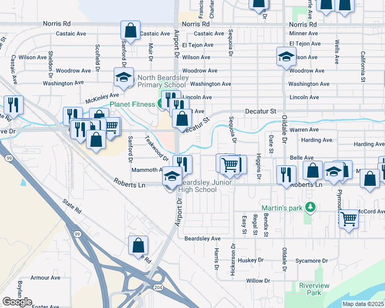 map of restaurants, bars, coffee shops, grocery stores, and more near 411 Belmont Avenue in Bakersfield