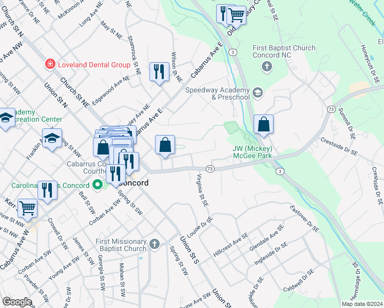 map of restaurants, bars, coffee shops, grocery stores, and more near 148 Wilkinson Court Southeast in Concord