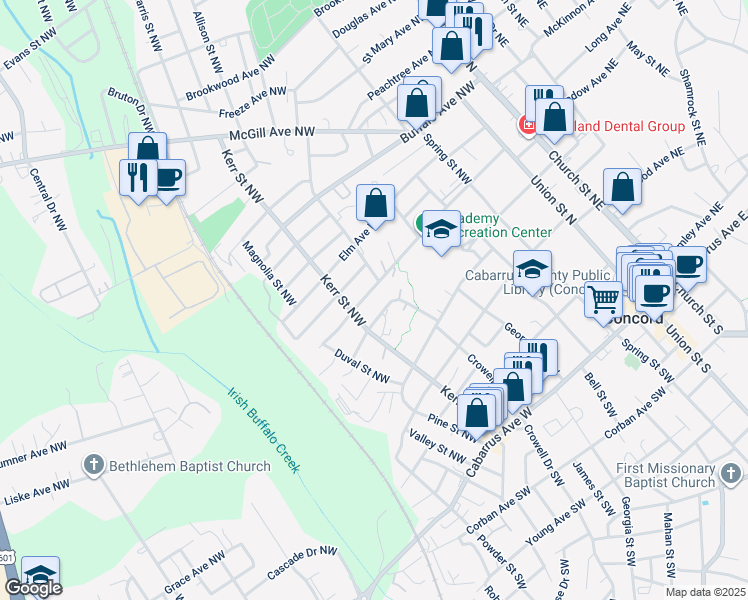 map of restaurants, bars, coffee shops, grocery stores, and more near 237 Academy Avenue Northwest in Concord
